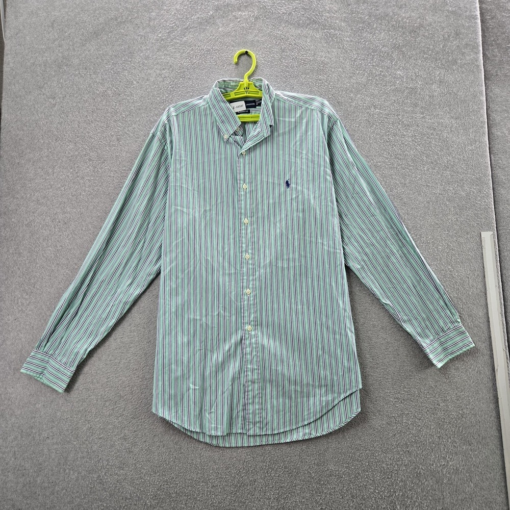 VINTAGE Ralph Lauren Men Button Up Shirt 17 1/2 Green Embroidered Striped